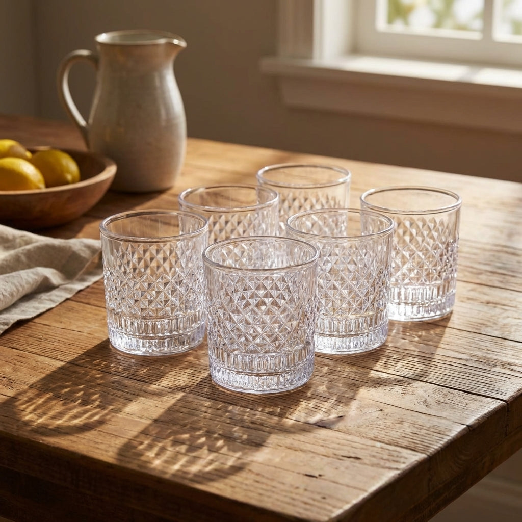 Set of six clear glass tumblers on a wooden table with a bowl of lemons and a ceramic pitcher in the background.