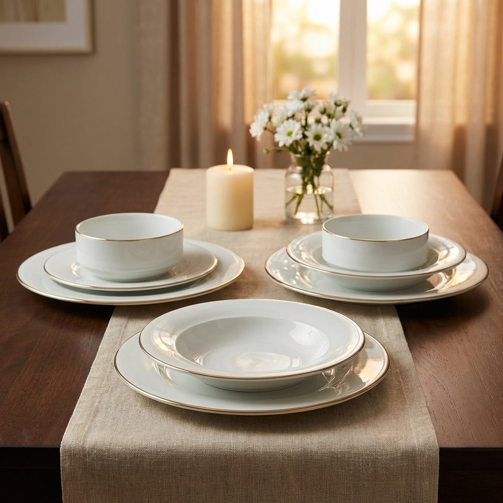 Dining table set with white ceramic dishes, a candle, and a vase of flowers.