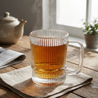 Clear glass mug with steaming hot liquid on a wooden table, with a teapot and newspaper in the background.