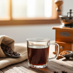 Clear glass mug filled with coffee on a wooden table with coffee beans and a grinder.