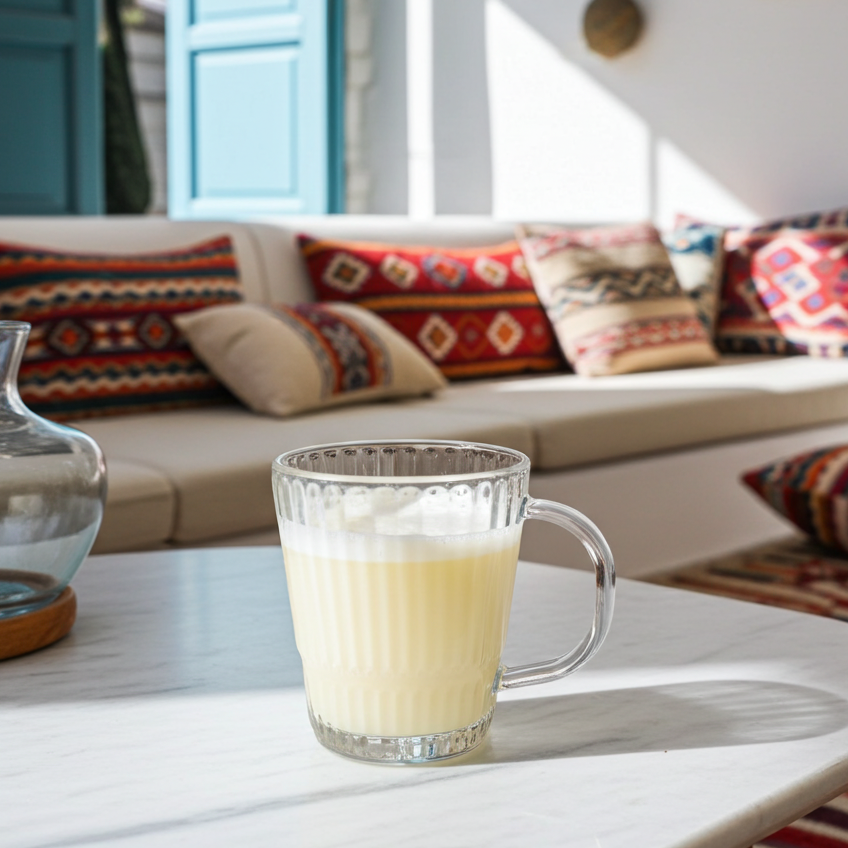 Clear glass mug with a creamy beverage on a white table in a cozy living room.