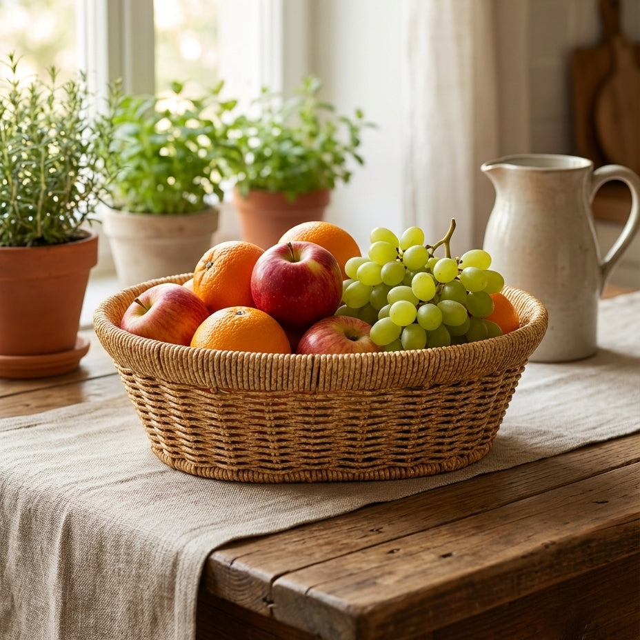 Fruit basket with apples, oranges, and grapes on a wooden table with plants and a pitcher in the background.