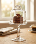 Glass dome with a dessert on a wooden table with a blurred background