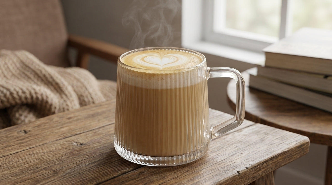 Steaming cappuccino in a glass mug on a wooden table with a cozy background