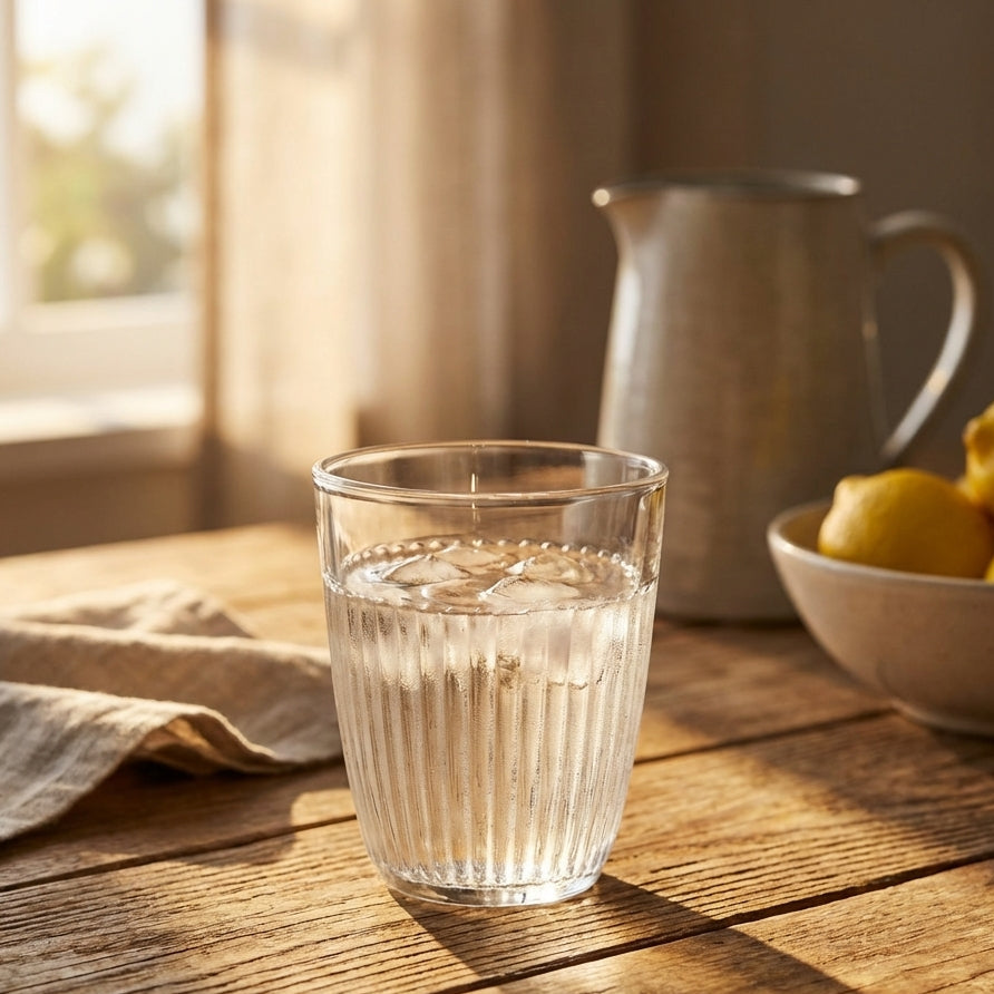 Clear glass of water on a wooden table with a pitcher and bowl of lemons in the background.