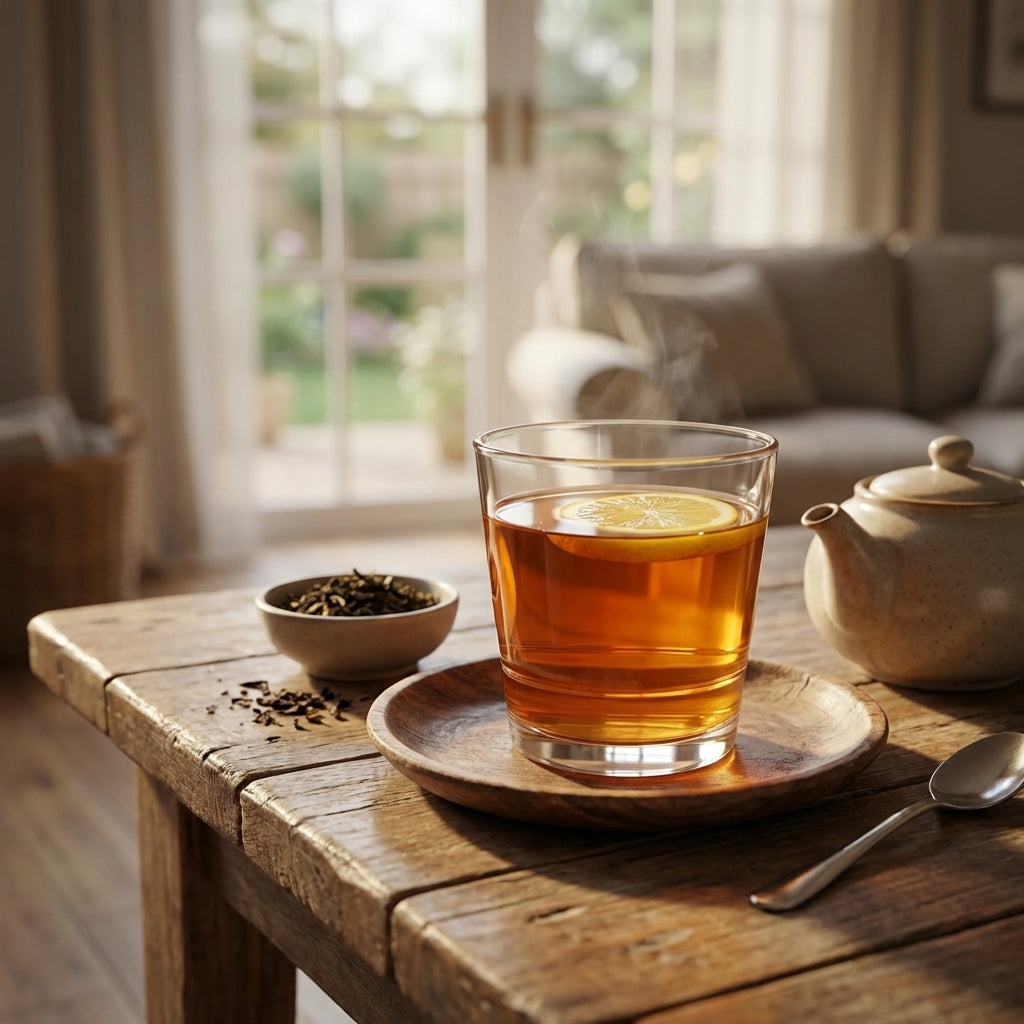 Glass of tea with lemon on a wooden table in a cozy room.