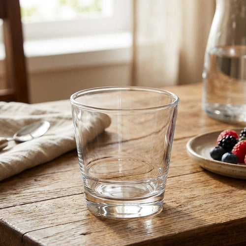 Clear glass on a wooden table with a blurred background