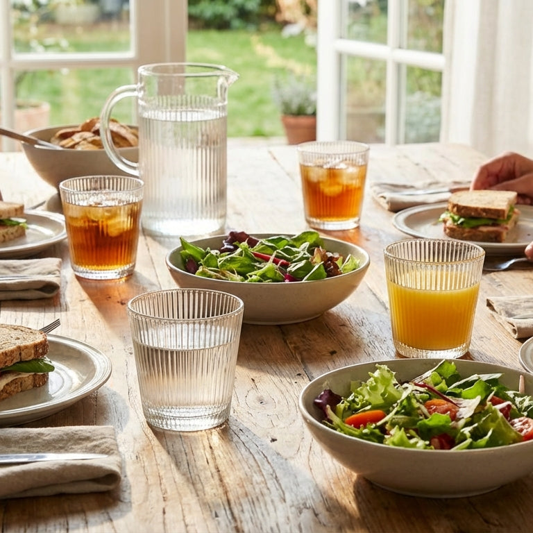 Two people sitting at a table with sandwiches, salads, and drinks in a home setting.