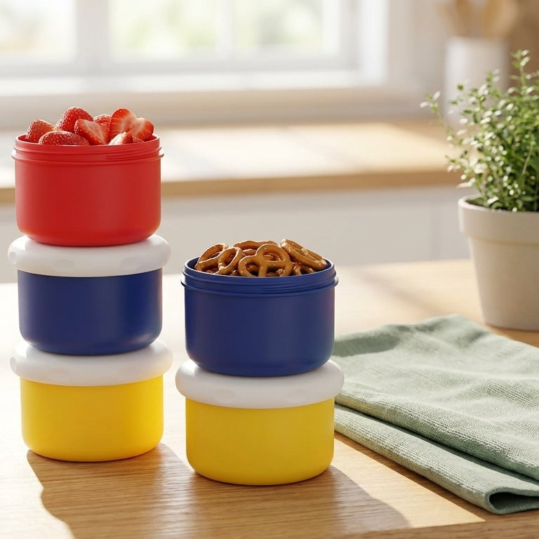 Colorful containers stacked on a wooden surface with a plant in the background
