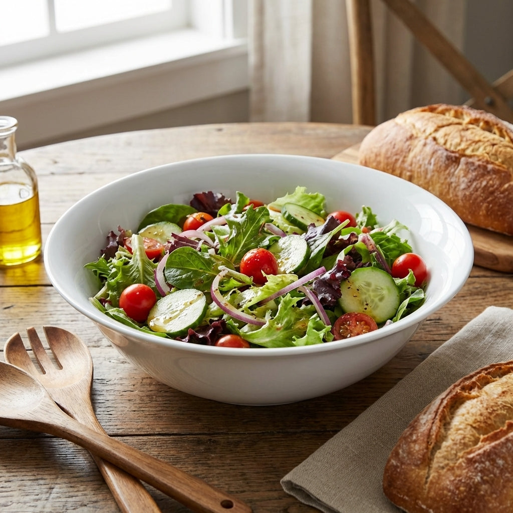 White bowl of salad with bread and utensils on a wooden table