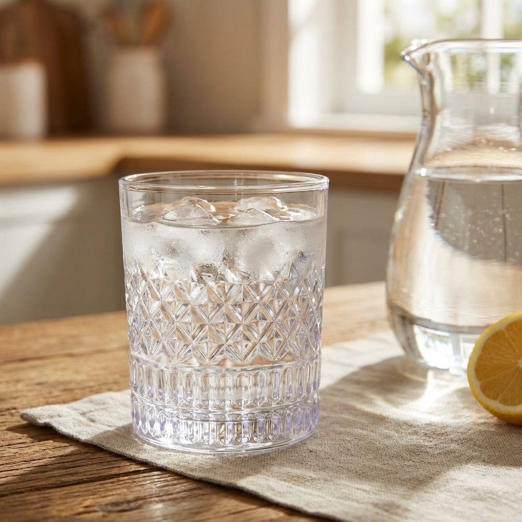Clear glass with ice cubes on a wooden table next to a pitcher of water and a lemon.
