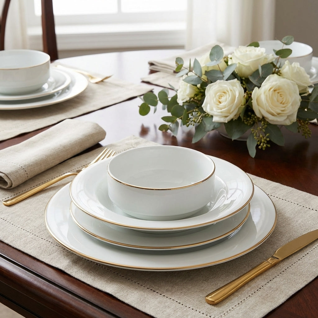 Dining table setting with white ceramic dinnerware, gold trim, and a bouquet of white roses.
