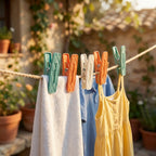 Colorful clothespins holding towels and a dress on a rope with a garden background
