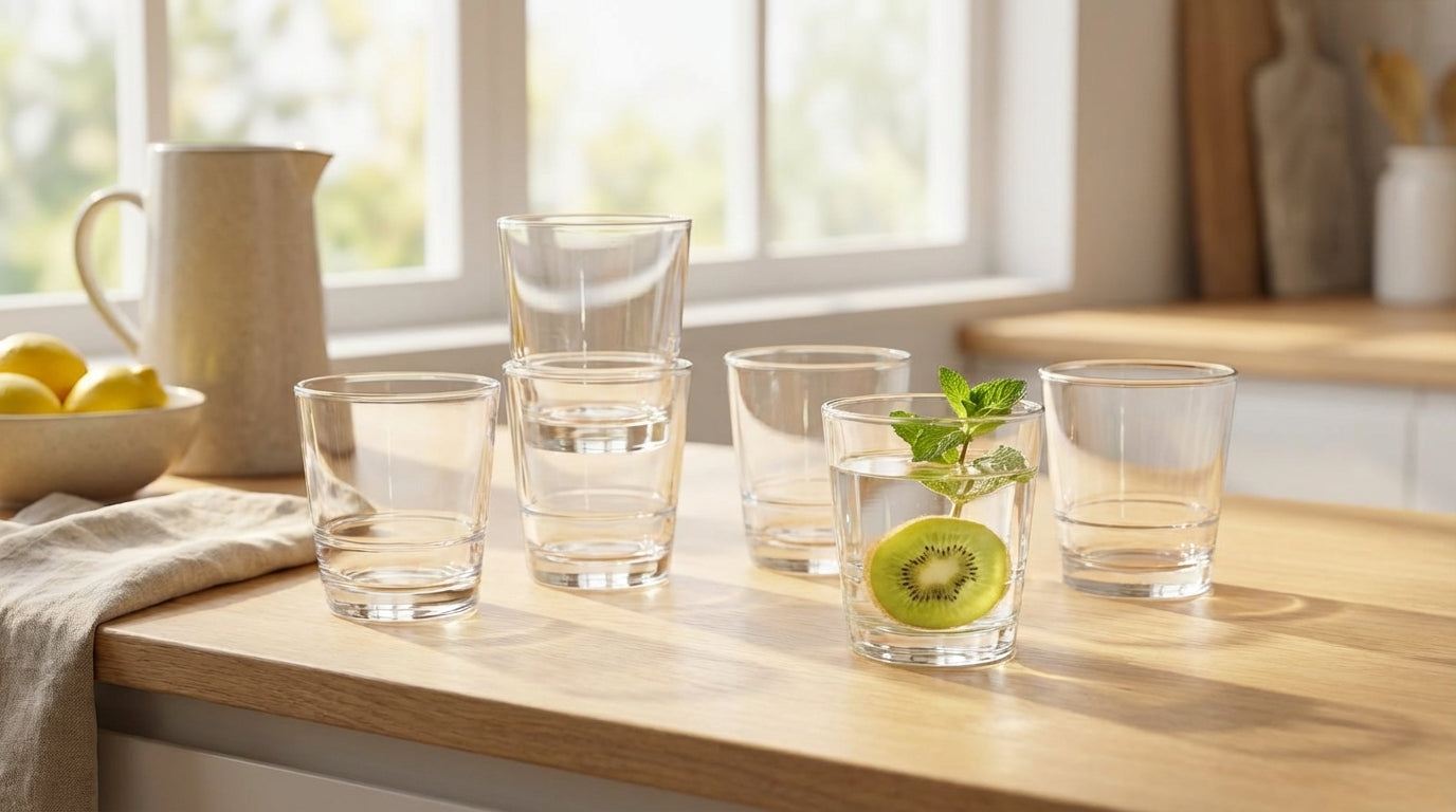 Clear glasses with water on a wooden table near a window