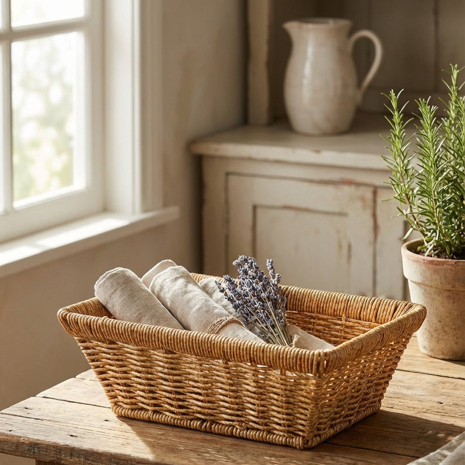 Wicker basket with rolled towels and lavender on a wooden table near a window.