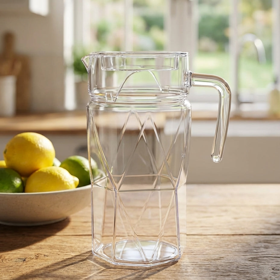 Clear glass pitcher on a wooden table with lemons and limes in the background.