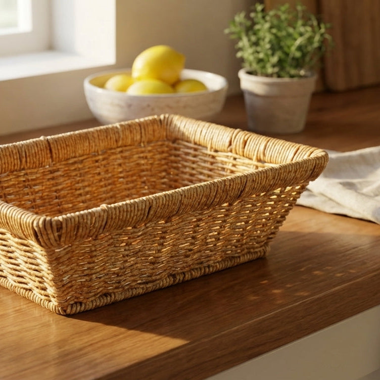 Woven basket on a wooden surface with a bowl and lemons in the background.