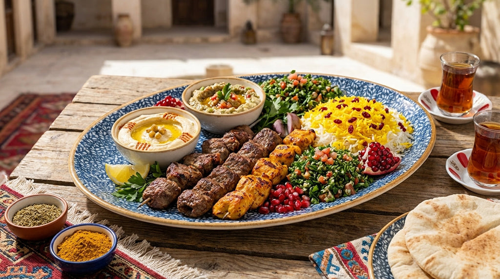 Platter of Middle Eastern food with meats, vegetables, and bread on a wooden table.