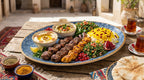 Platter of Middle Eastern food with meats, vegetables, and bread on a wooden table.