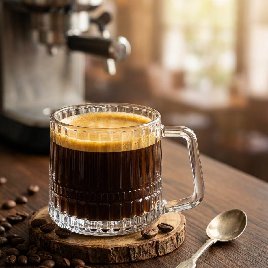 Glass mug of espresso on a wooden coaster with coffee beans and a spoon, blurred coffee machine in the background.