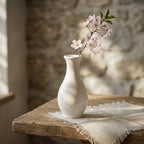 White vase with a branch of pink flowers on a wooden table with a stone wall background