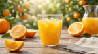 Glass of orange juice with oranges on a wooden table