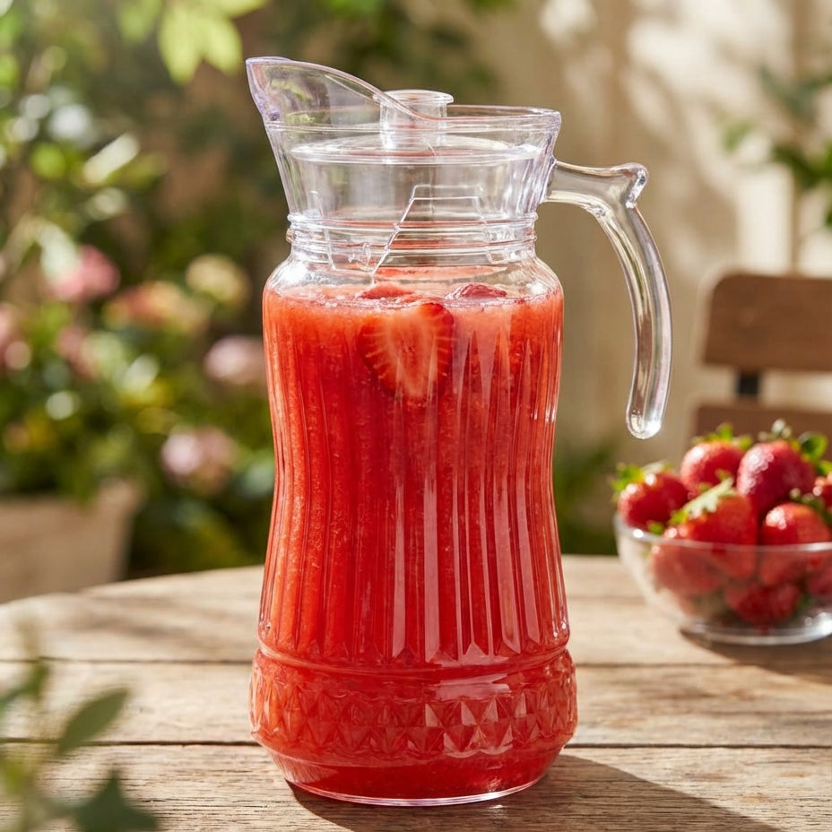 Clear glass pitcher filled with red strawberry juice on a wooden table outdoors.