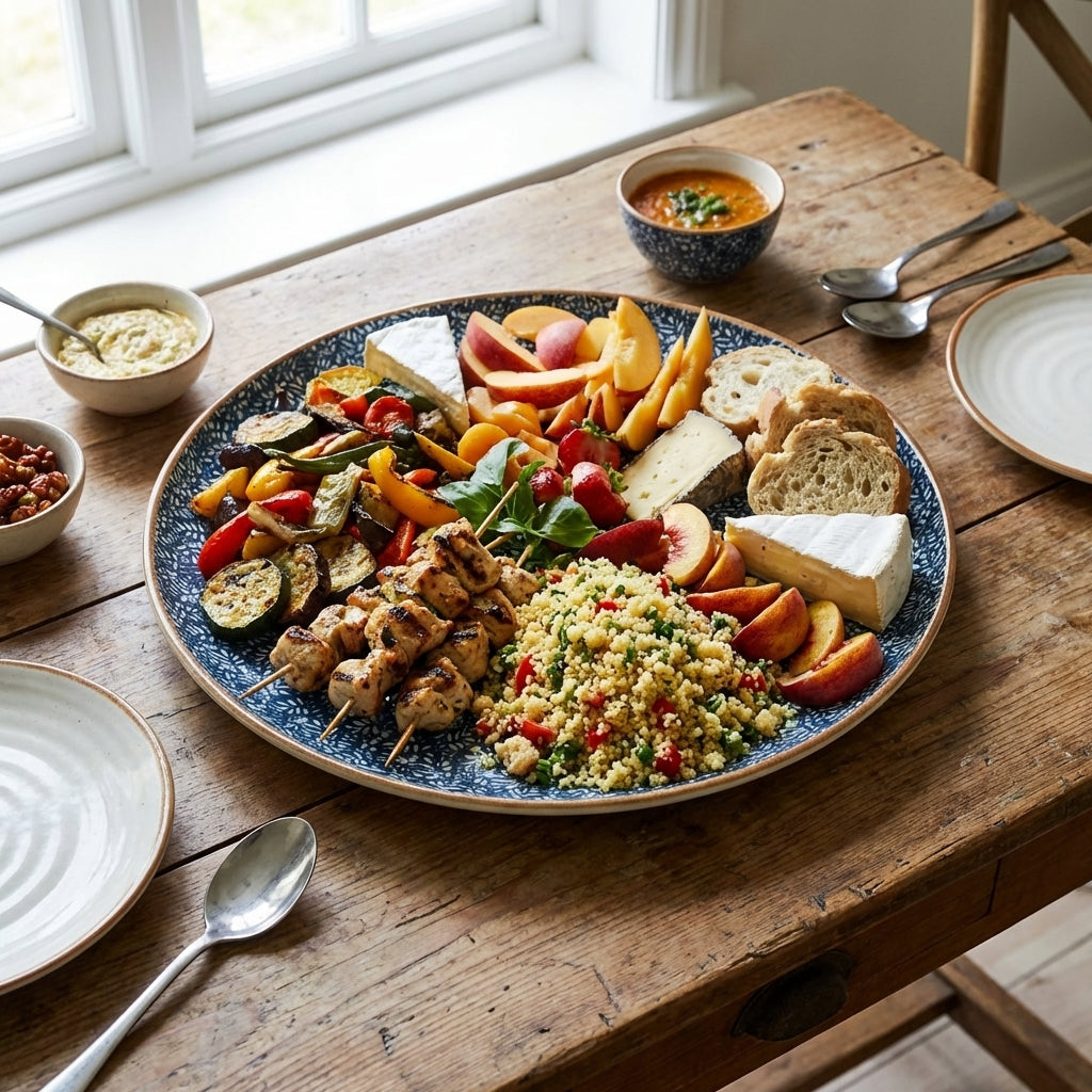 Plated meal with skewers, vegetables, and bread on a wooden table.