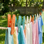 Colorful clothespins holding towels on a line outdoors with greenery in the background