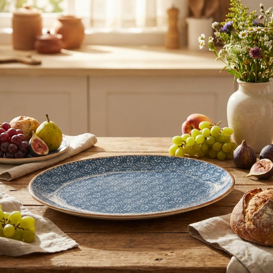 Blue ceramic plate on a wooden table with fruits and bread in a kitchen setting