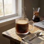 Steaming hot coffee in a glass mug on a wooden table with a newspaper and spoon.