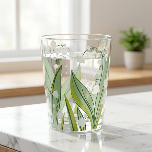 Clear glass tumbler with floral design on a marble surface