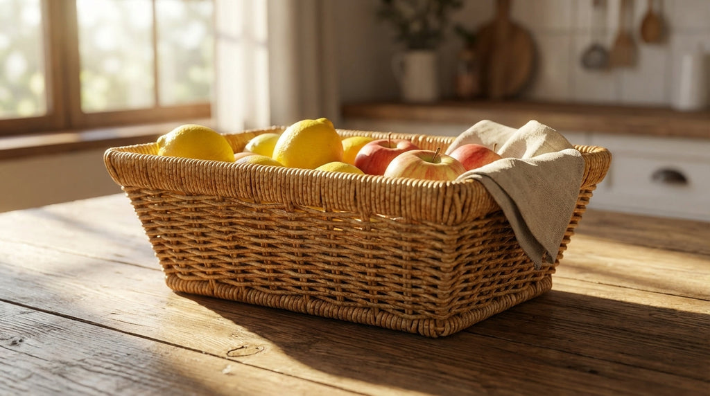 Wicker basket with fruits on a wooden table in a kitchen