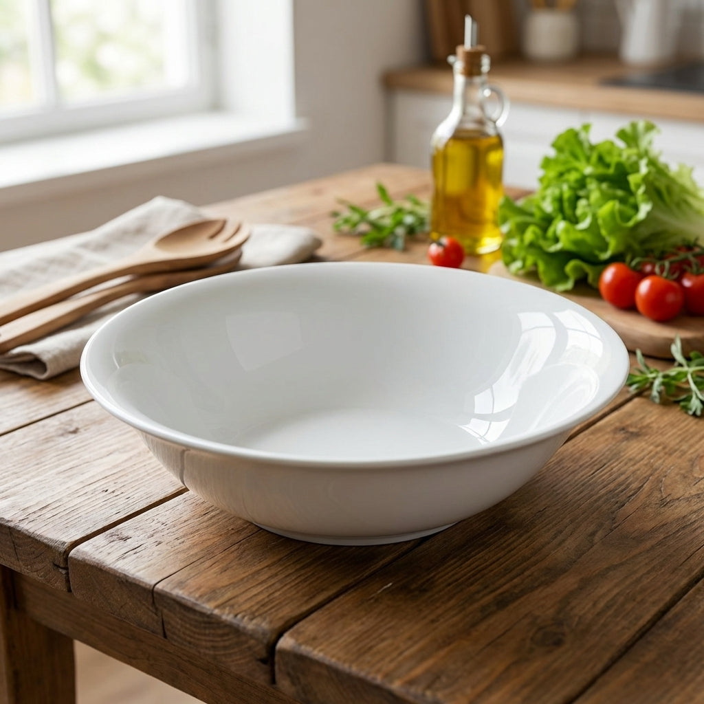 White bowl on a wooden table with fresh vegetables and kitchen utensils in the background