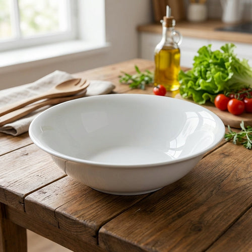White bowl on a wooden table with fresh vegetables and kitchen utensils in the background