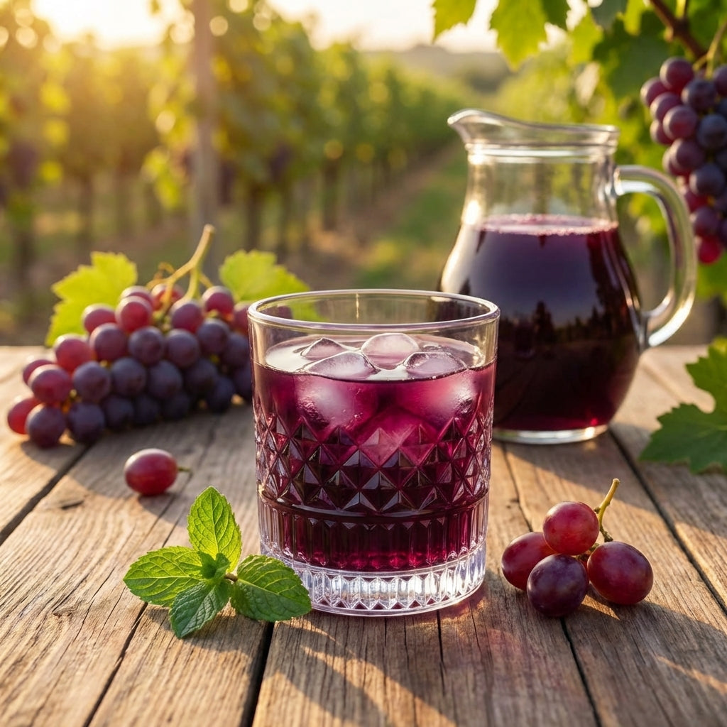 Glass of red juice with a pitcher and grapes on a wooden table in a vineyard setting
