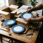 Person packing blue and white plates into a cardboard box on a wooden table.