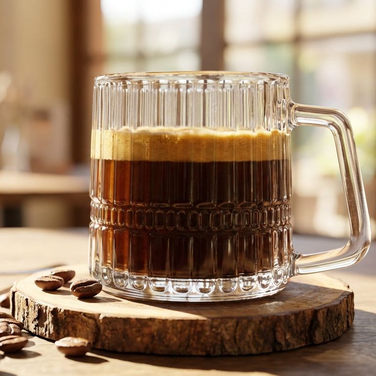 Glass mug of coffee with coffee beans on a wooden coaster in a blurred cafe setting
