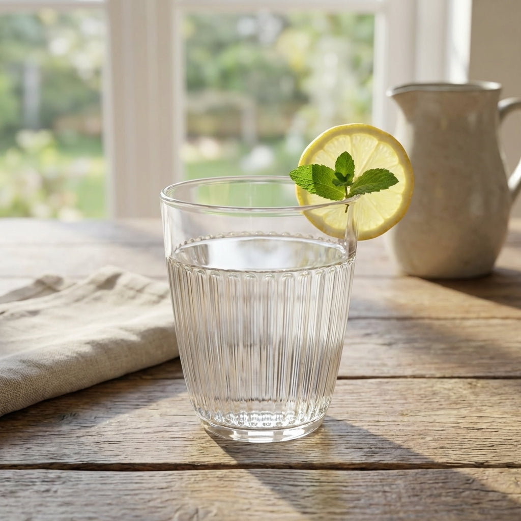 Clear glass of water with a lemon slice and mint leaf on a wooden table.