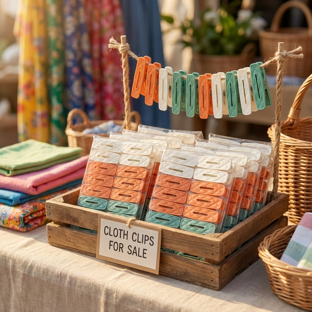 Cloth clips for sale on a wooden crate with a 'Cloth Clips for Sale' sign, surrounded by colorful fabrics and baskets.