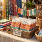 Cloth clips for sale on a wooden crate with a 'Cloth Clips for Sale' sign, surrounded by colorful fabrics and baskets.