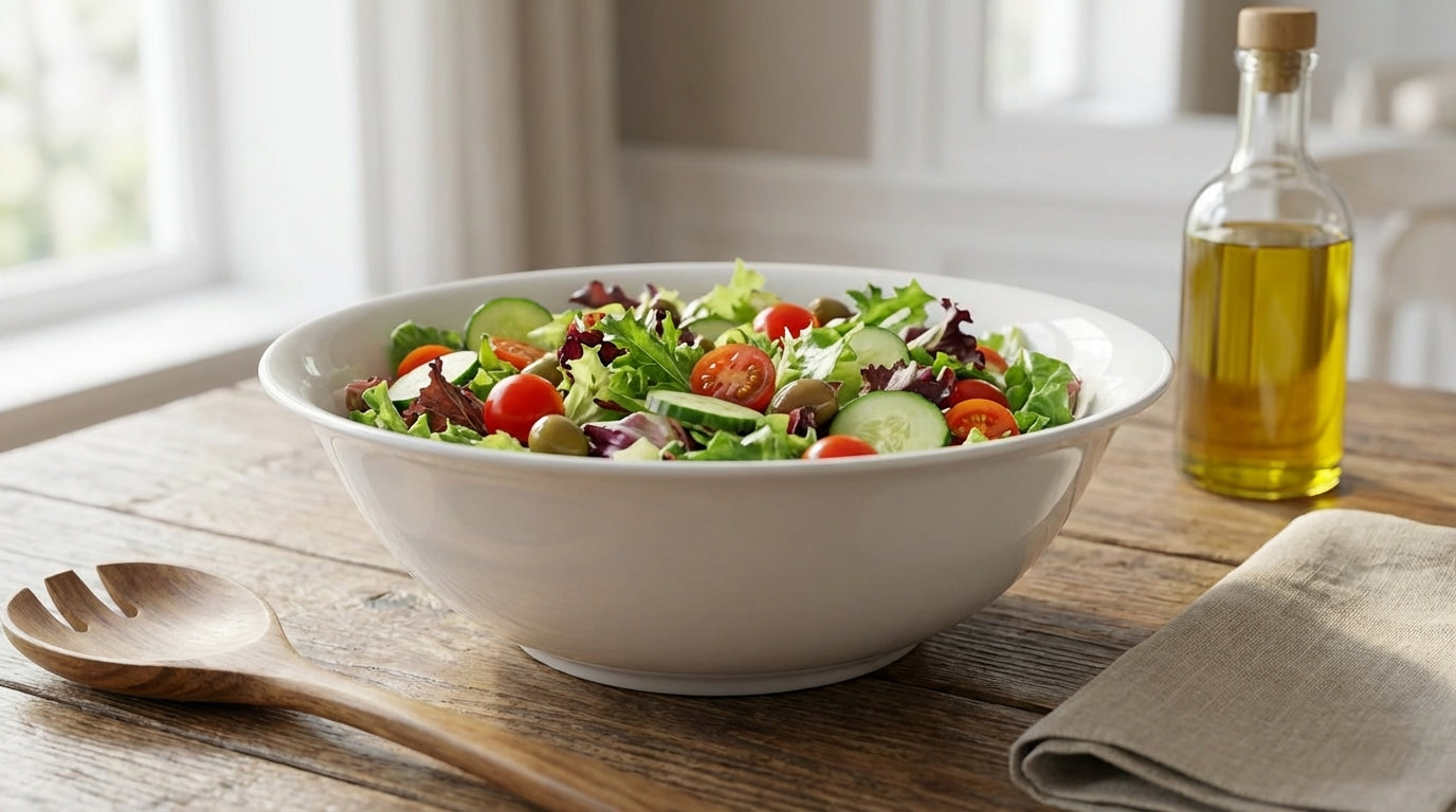White bowl of salad on a wooden table with a bottle of olive oil and a wooden spoon.