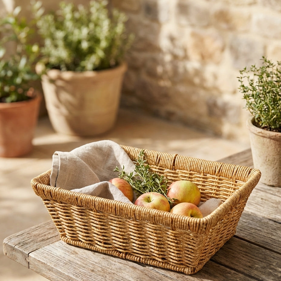 Wicker basket with apples on a wooden surface with plants in the background