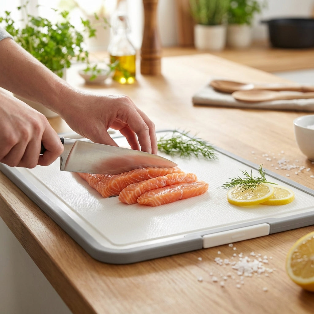 Person cutting salmon on a cutting board with lemon slices and herbs in a kitchen.