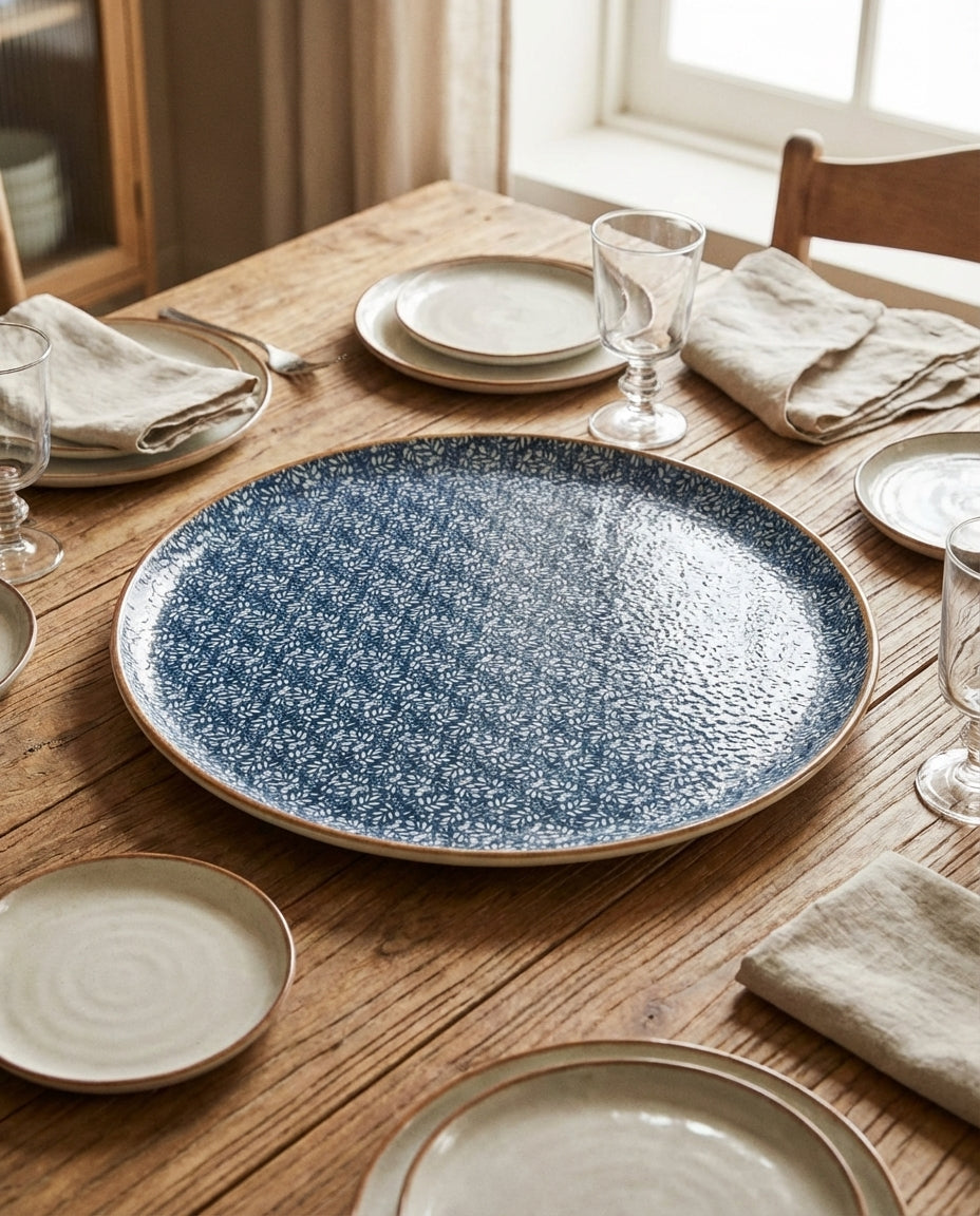 Dining table set with ceramic plates and glasses on a wooden surface.