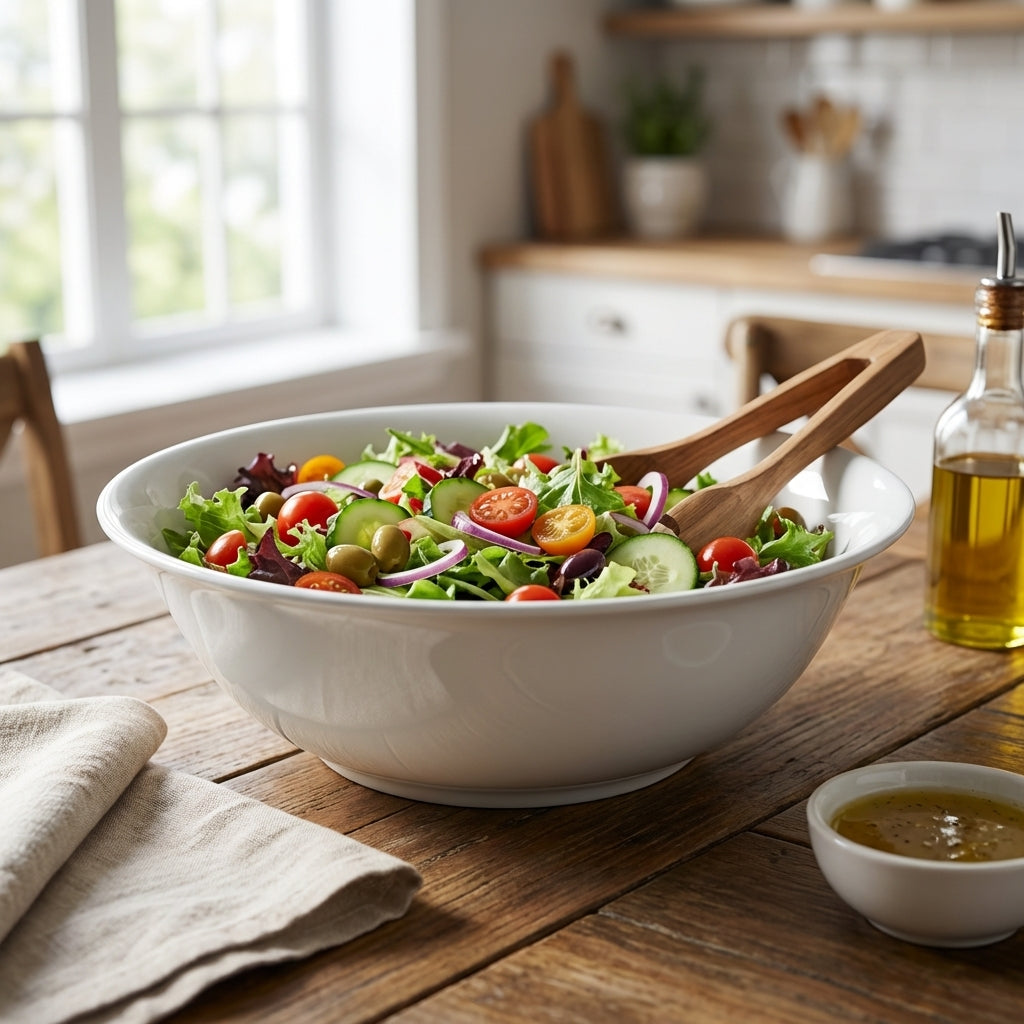 White bowl of salad on a wooden table with a kitchen background