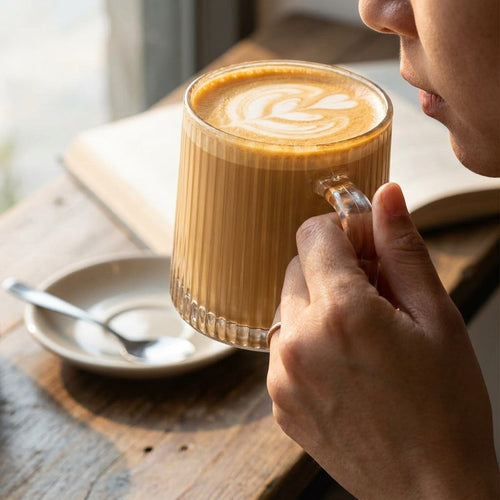 Person holding a glass of coffee with latte art on a wooden table.