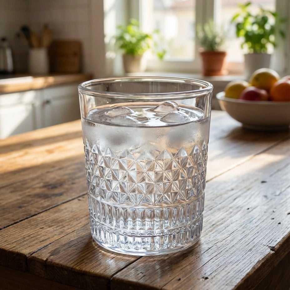 Clear glass with water on a wooden table in a kitchen