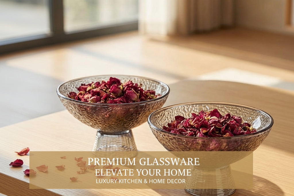 Two glass bowls with dried flowers on a wooden table near a window.
