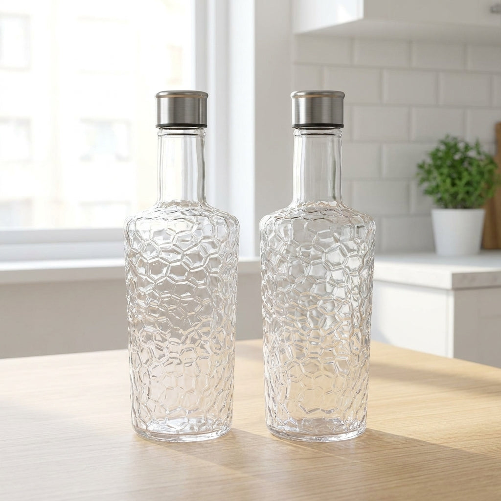 Talax 1100ml Textured Glass Water Bottles – Set of 2 | Juice & Beverage Bottles